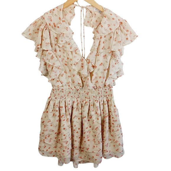 Sabo Skirt, Mini Dress, Ruffled, Open Back, Cream/Orange Floral, Size Medium - Picture 1 of 16